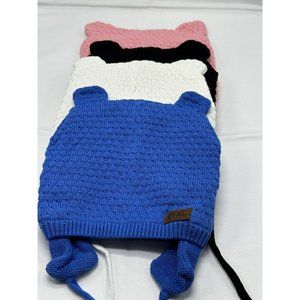 four insulated cat hats. pink, white, black and blue